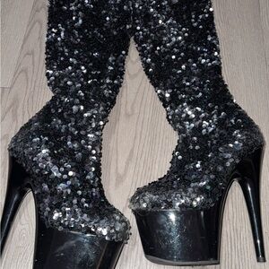 Pleaser Black and Silver Sequin Heeled Boots